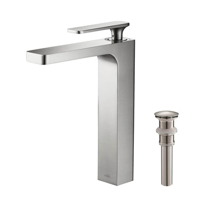 KIBI Infinity Single Handle Brushed Nickel Solid Brass Bathroom Vanity Vessel Sink Faucet With Pop-Up Drain Stopper Small Cover Without Overflow