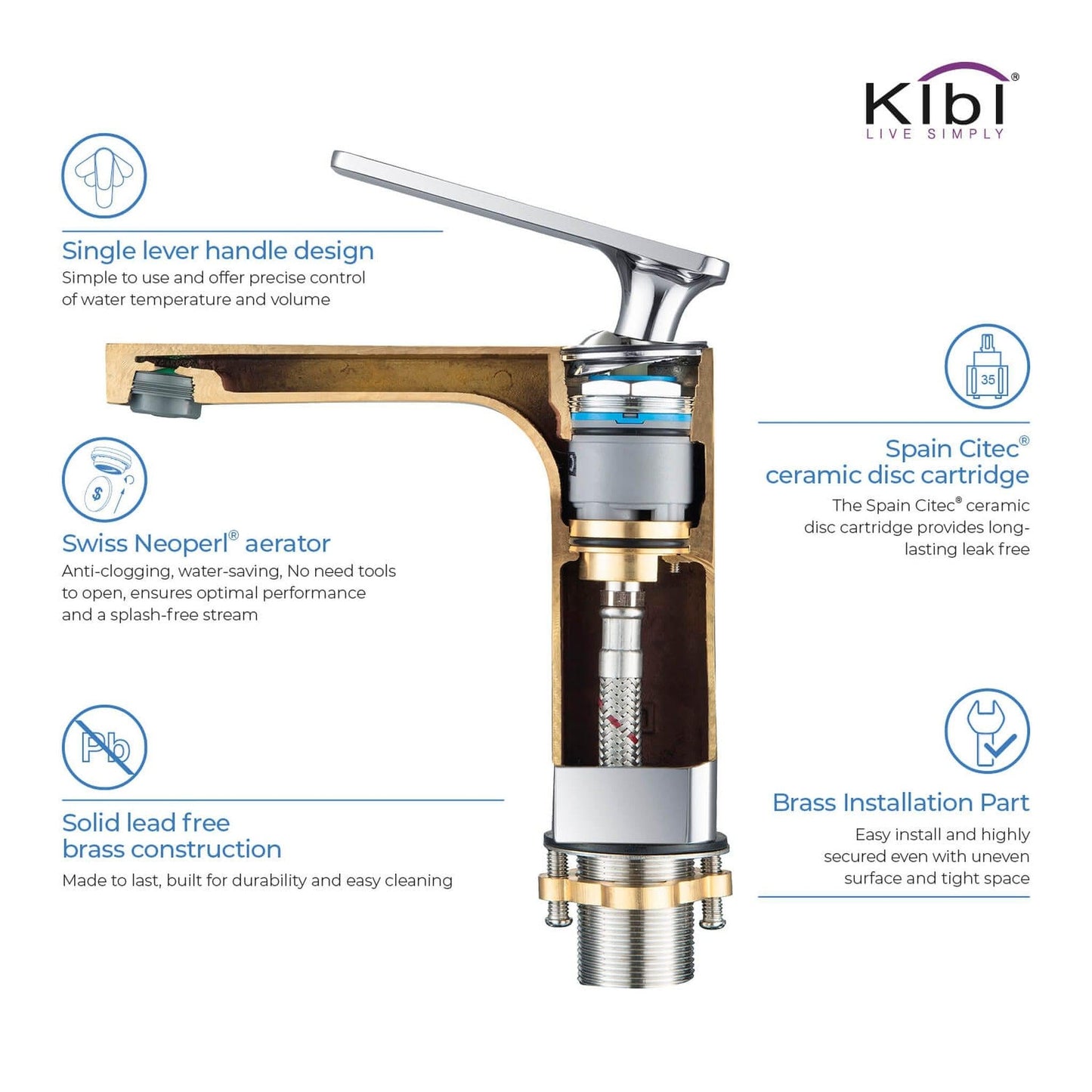 KIBI Infinity Single Handle Chrome Solid Brass Bathroom Vanity Sink Faucet