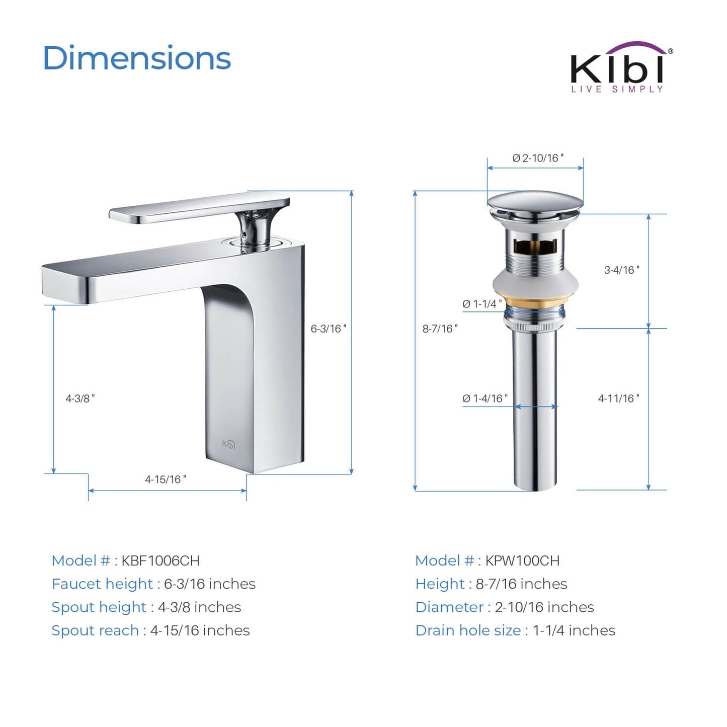 KIBI Infinity Single Handle Chrome Solid Brass Bathroom Vanity Sink Faucet With Pop-Up Drain Stopper Small Cover With Overflow