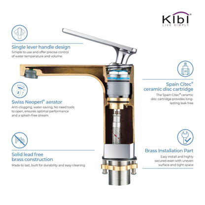 KIBI Infinity Single Handle Chrome Solid Brass Bathroom Vanity Sink Faucet With Pop-Up Drain Stopper Small Cover With Overflow
