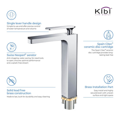 KIBI Infinity Single Handle Chrome Solid Brass Bathroom Vanity Vessel Sink Faucet