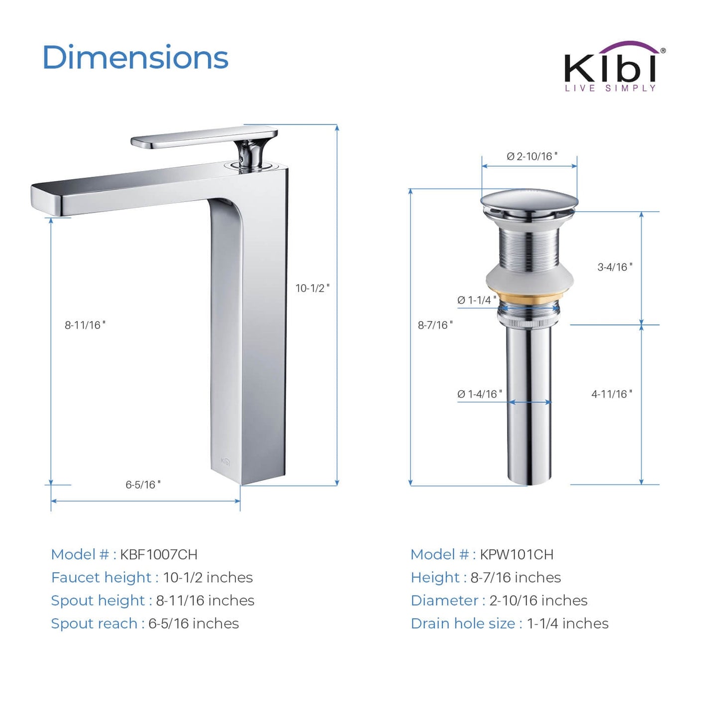 KIBI Infinity Single Handle Chrome Solid Brass Bathroom Vanity Vessel Sink Faucet With Pop-Up Drain Stopper Small Cover Without Overflow