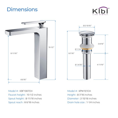 KIBI Infinity Single Handle Chrome Solid Brass Bathroom Vanity Vessel Sink Faucet With Pop-Up Drain Stopper Small Cover Without Overflow