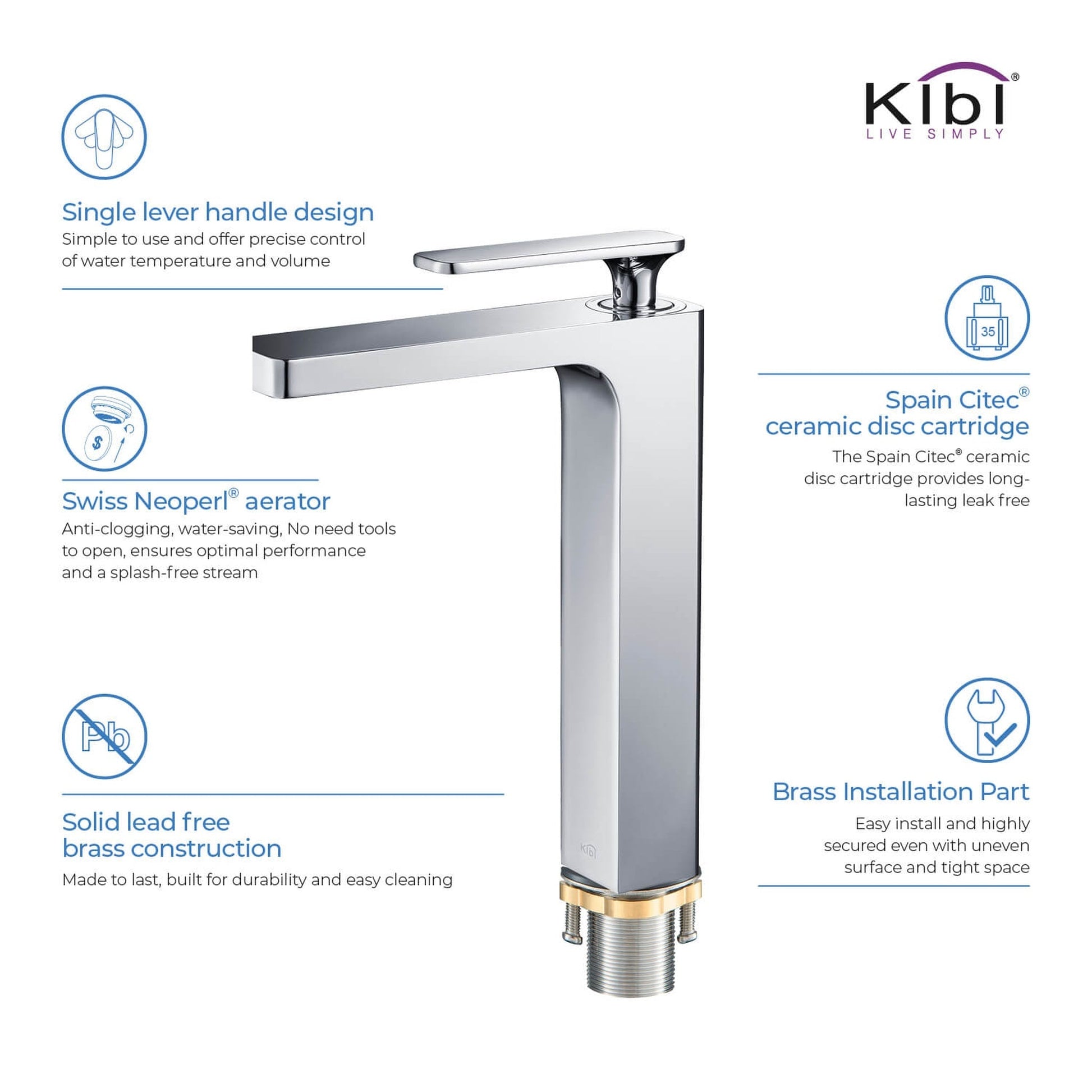 KIBI Infinity Single Handle Chrome Solid Brass Bathroom Vanity Vessel Sink Faucet With Pop-Up Drain Stopper Small Cover Without Overflow