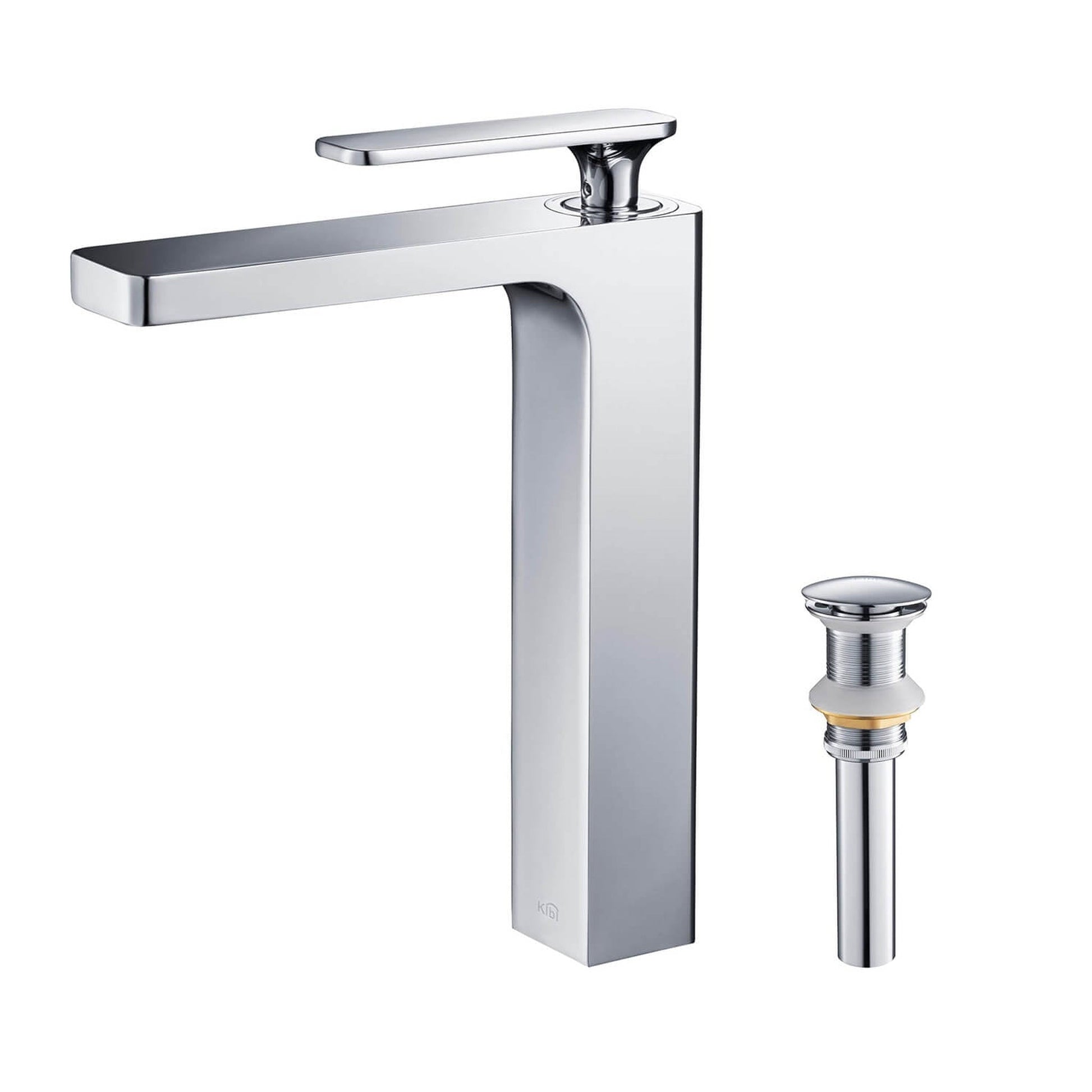 KIBI Infinity Single Handle Chrome Solid Brass Bathroom Vanity Vessel Sink Faucet With Pop-Up Drain Stopper Small Cover Without Overflow