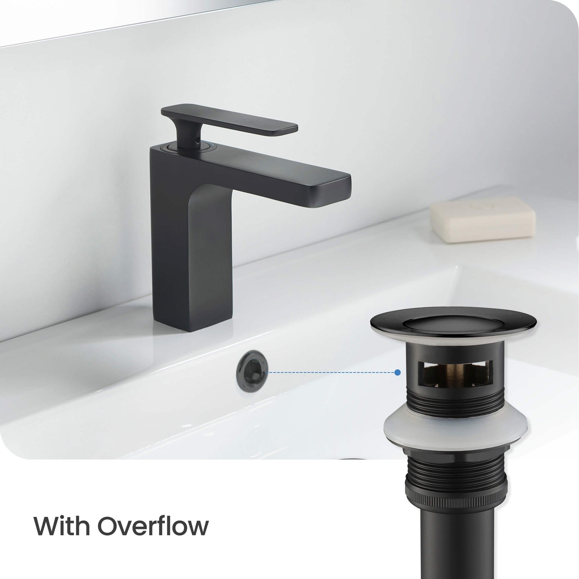 KIBI Infinity Single Handle Matte Black Solid Brass Bathroom Vanity Sink Faucet With Pop-Up Drain Stopper Small Cover With Overflow