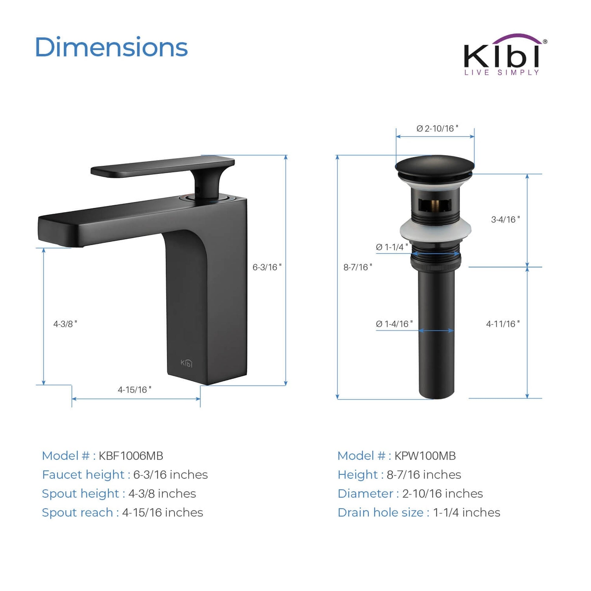 KIBI Infinity Single Handle Matte Black Solid Brass Bathroom Vanity Sink Faucet With Pop-Up Drain Stopper Small Cover With Overflow