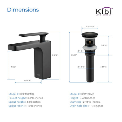 KIBI Infinity Single Handle Matte Black Solid Brass Bathroom Vanity Sink Faucet With Pop-Up Drain Stopper Small Cover With Overflow