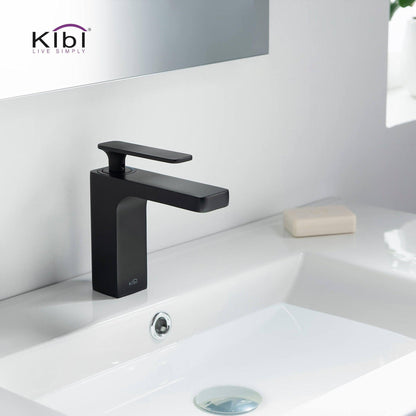 KIBI Infinity Single Handle Matte Black Solid Brass Bathroom Vanity Sink Faucet With Pop-Up Drain Stopper Small Cover With Overflow