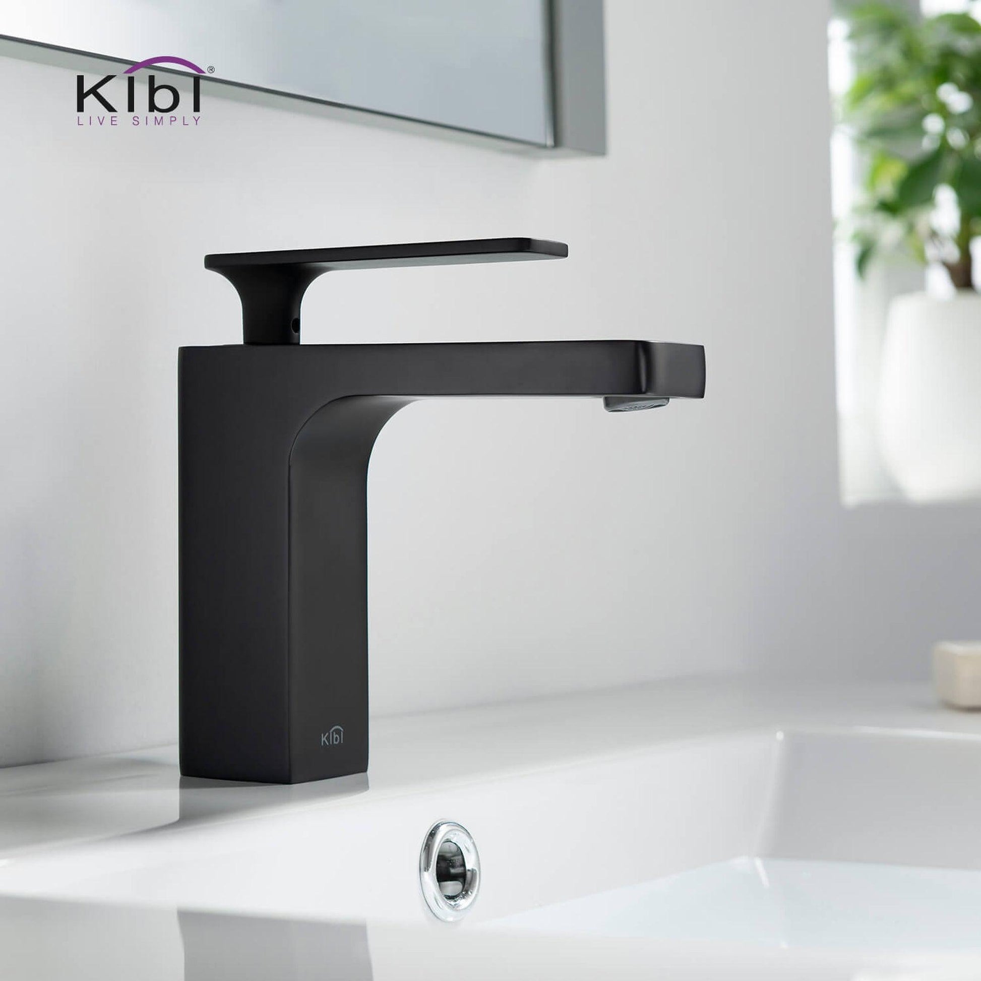 KIBI Infinity Single Handle Matte Black Solid Brass Bathroom Vanity Sink Faucet With Pop-Up Drain Stopper Small Cover With Overflow