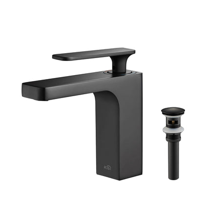 KIBI Infinity Single Handle Matte Black Solid Brass Bathroom Vanity Sink Faucet With Pop-Up Drain Stopper Small Cover With Overflow