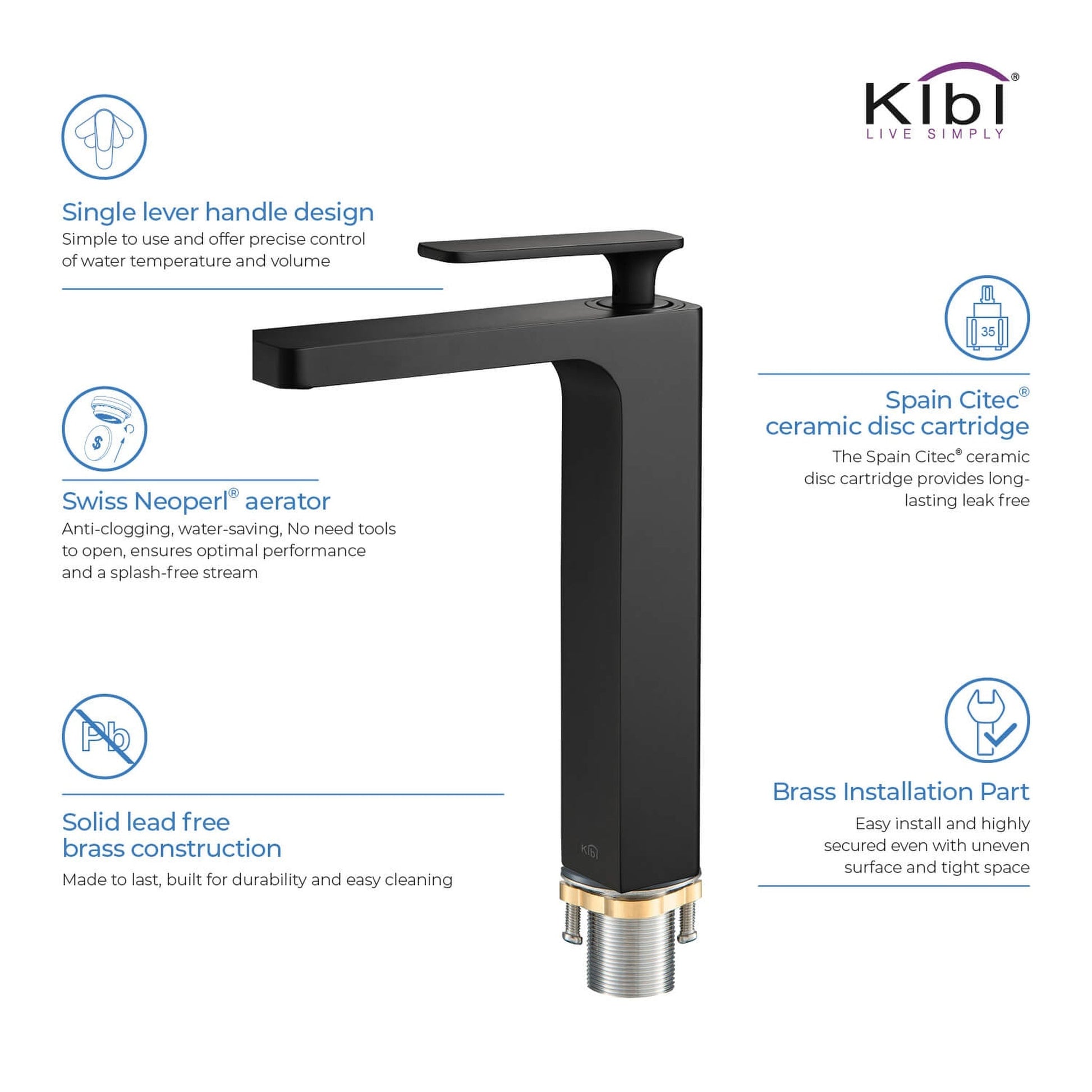 KIBI Infinity Single Handle Matte Black Solid Brass Bathroom Vanity Vessel Sink Faucet