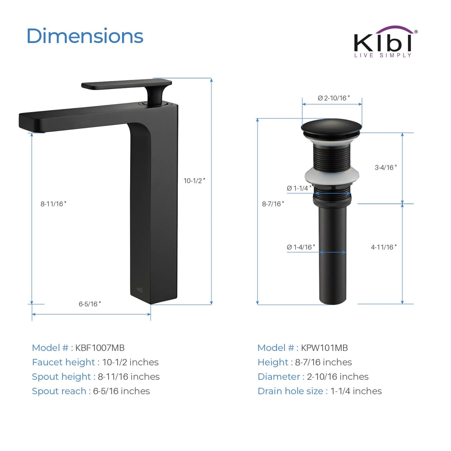 KIBI Infinity Single Handle Matte Black Solid Brass Bathroom Vanity Vessel Sink Faucet With Pop-Up Drain Stopper Small Cover Without Overflow