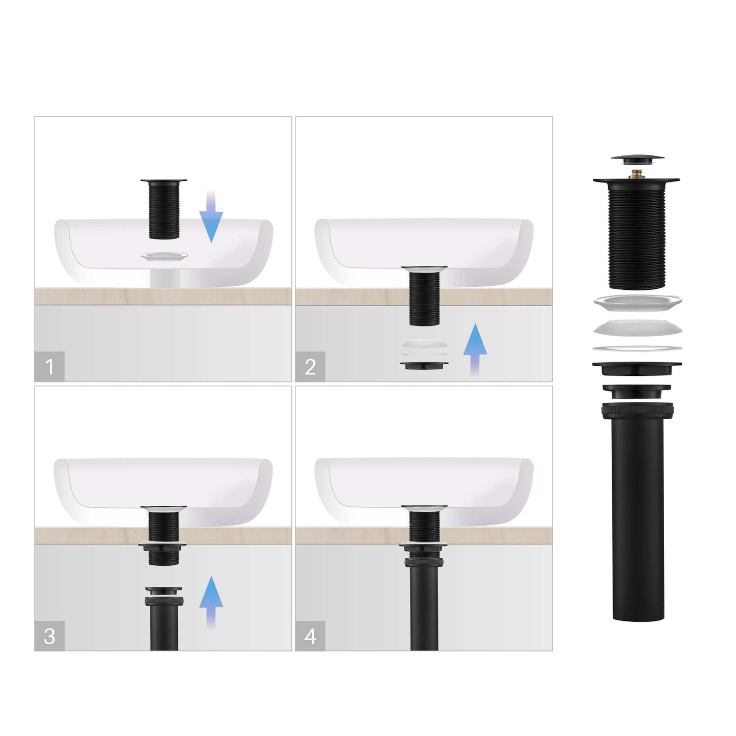 KIBI Infinity Single Handle Matte Black Solid Brass Bathroom Vanity Vessel Sink Faucet With Pop-Up Drain Stopper Small Cover Without Overflow