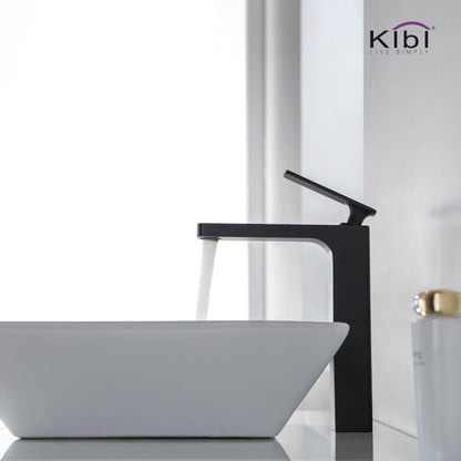 KIBI Infinity Single Handle Matte Black Solid Brass Bathroom Vanity Vessel Sink Faucet With Pop-Up Drain Stopper Small Cover Without Overflow