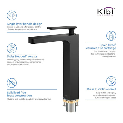 KIBI Infinity Single Handle Matte Black Solid Brass Bathroom Vanity Vessel Sink Faucet With Pop-Up Drain Stopper Small Cover Without Overflow