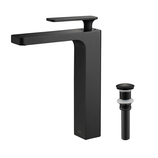 KIBI Infinity Single Handle Matte Black Solid Brass Bathroom Vanity Vessel Sink Faucet With Pop-Up Drain Stopper Small Cover Without Overflow