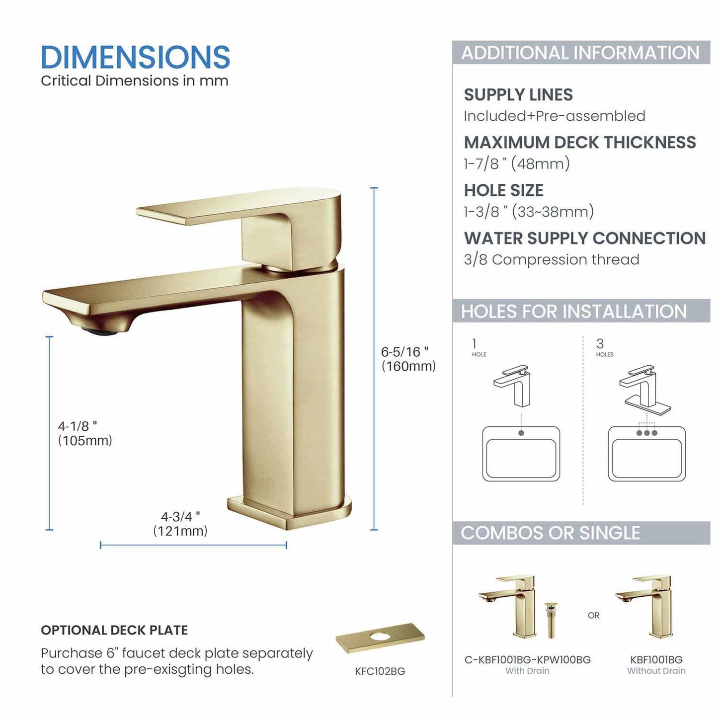 KIBI Mirage Single Handle Brushed Gold Solid Brass Bathroom Vanity Sink Faucet