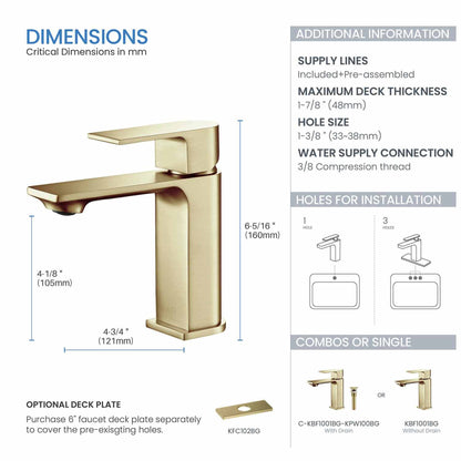 KIBI Mirage Single Handle Brushed Gold Solid Brass Bathroom Vanity Sink Faucet With Pop-Up Drain Stopper Small Cover With Overflow