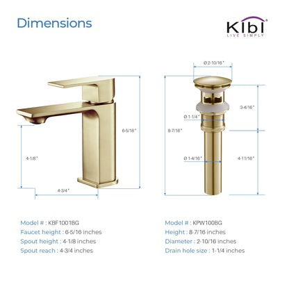 KIBI Mirage Single Handle Brushed Gold Solid Brass Bathroom Vanity Sink Faucet With Pop-Up Drain Stopper Small Cover With Overflow