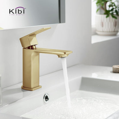 KIBI Mirage Single Handle Brushed Gold Solid Brass Bathroom Vanity Sink Faucet With Pop-Up Drain Stopper Small Cover With Overflow