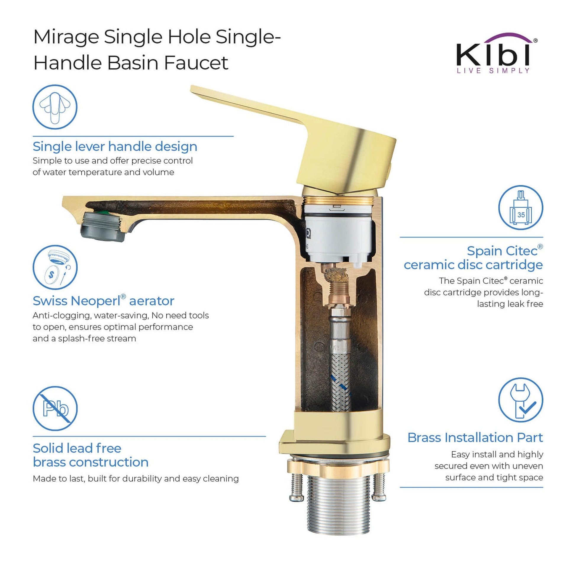 KIBI Mirage Single Handle Brushed Gold Solid Brass Bathroom Vanity Sink Faucet With Pop-Up Drain Stopper Small Cover With Overflow