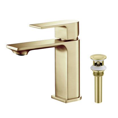 KIBI Mirage Single Handle Brushed Gold Solid Brass Bathroom Vanity Sink Faucet With Pop-Up Drain Stopper Small Cover With Overflow