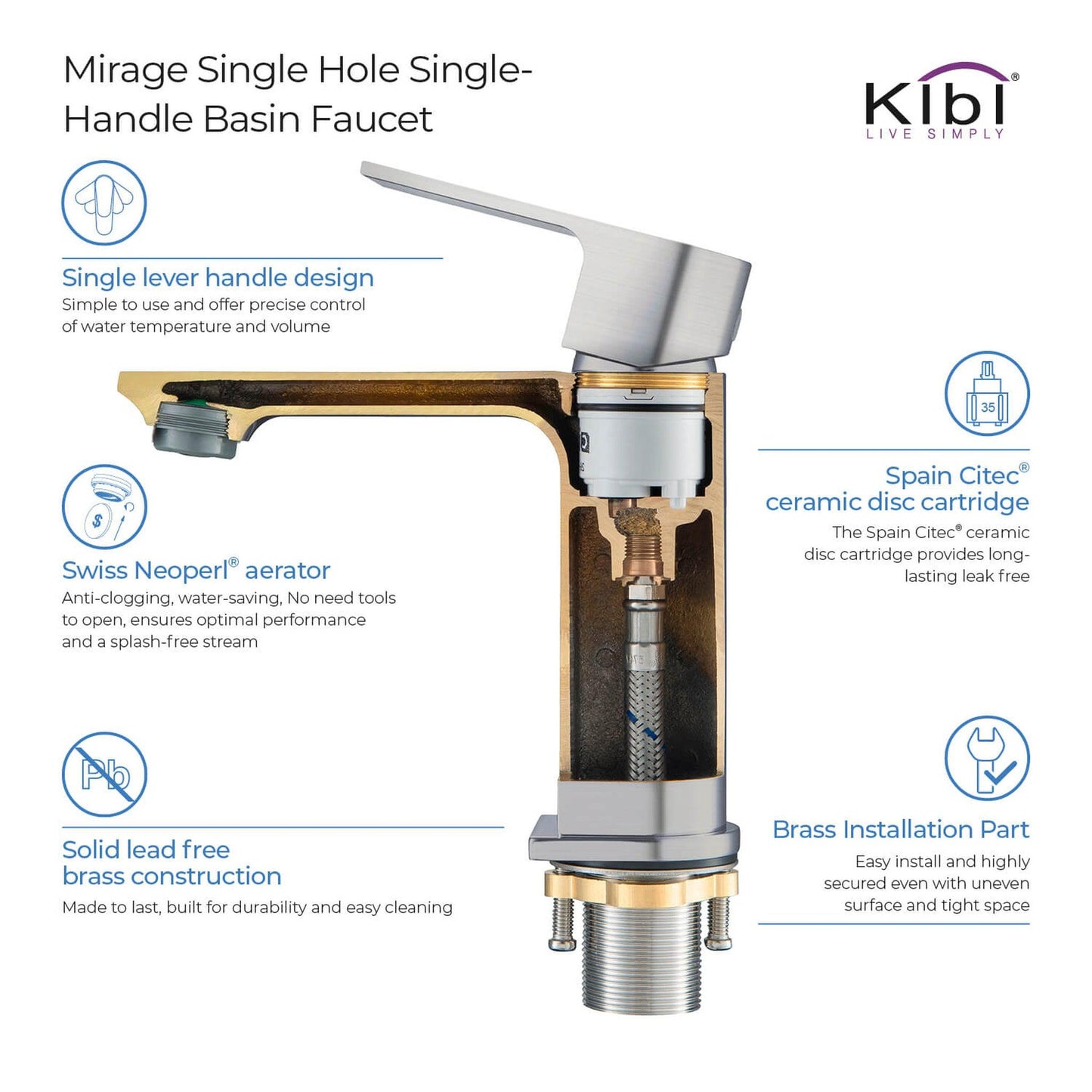 KIBI Mirage Single Handle Brushed Nickel Solid Brass Bathroom Vanity Sink Faucet