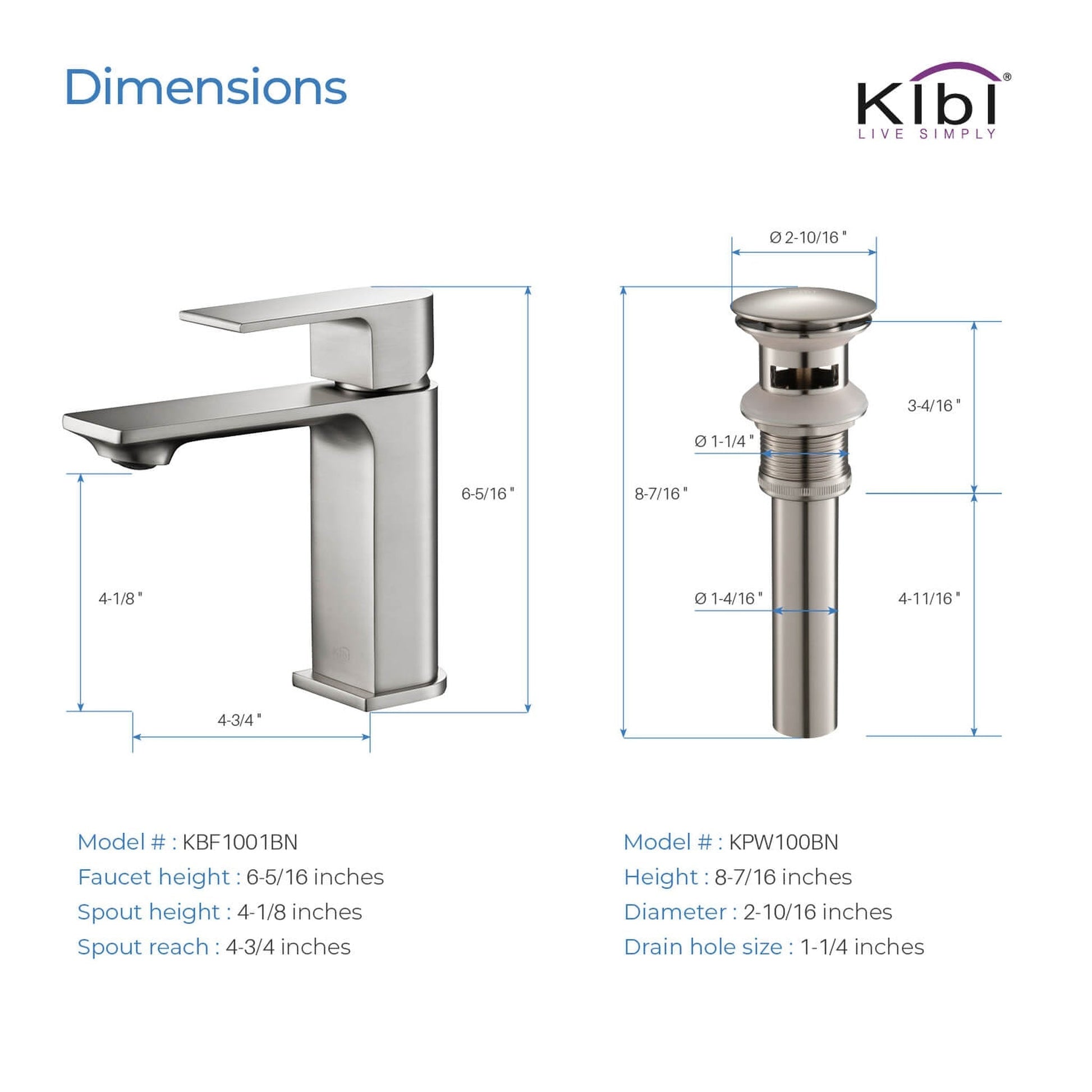 KIBI Mirage Single Handle Brushed Nickel Solid Brass Bathroom Vanity Sink Faucet With Pop-Up Drain Stopper Small Cover With Overflow