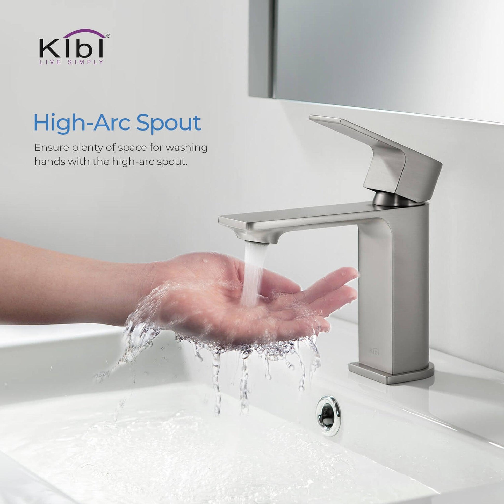 KIBI Mirage Single Handle Brushed Nickel Solid Brass Bathroom Vanity Sink Faucet With Pop-Up Drain Stopper Small Cover With Overflow