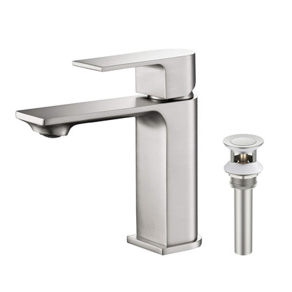 KIBI Mirage Single Handle Brushed Nickel Solid Brass Bathroom Vanity Sink Faucet With Pop-Up Drain Stopper Small Cover With Overflow