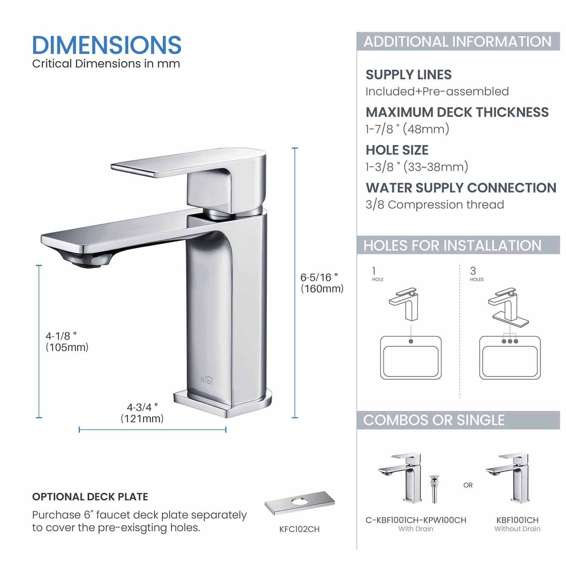 KIBI Mirage Single Handle Chrome Solid Brass Bathroom Vanity Sink Faucet