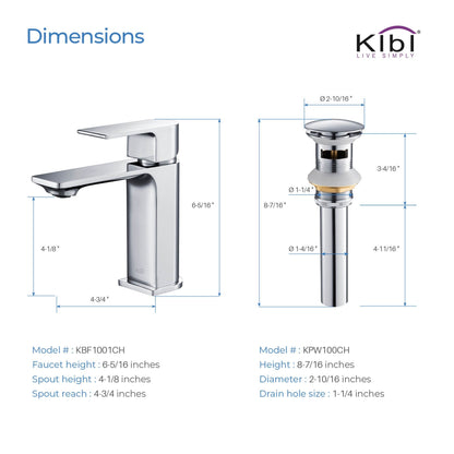 KIBI Mirage Single Handle Chrome Solid Brass Bathroom Vanity Sink Faucet With Pop-Up Drain Stopper Small Cover With Overflow