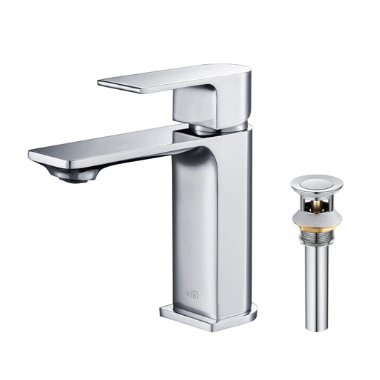 KIBI Mirage Single Handle Chrome Solid Brass Bathroom Vanity Sink Faucet With Pop-Up Drain Stopper Small Cover With Overflow