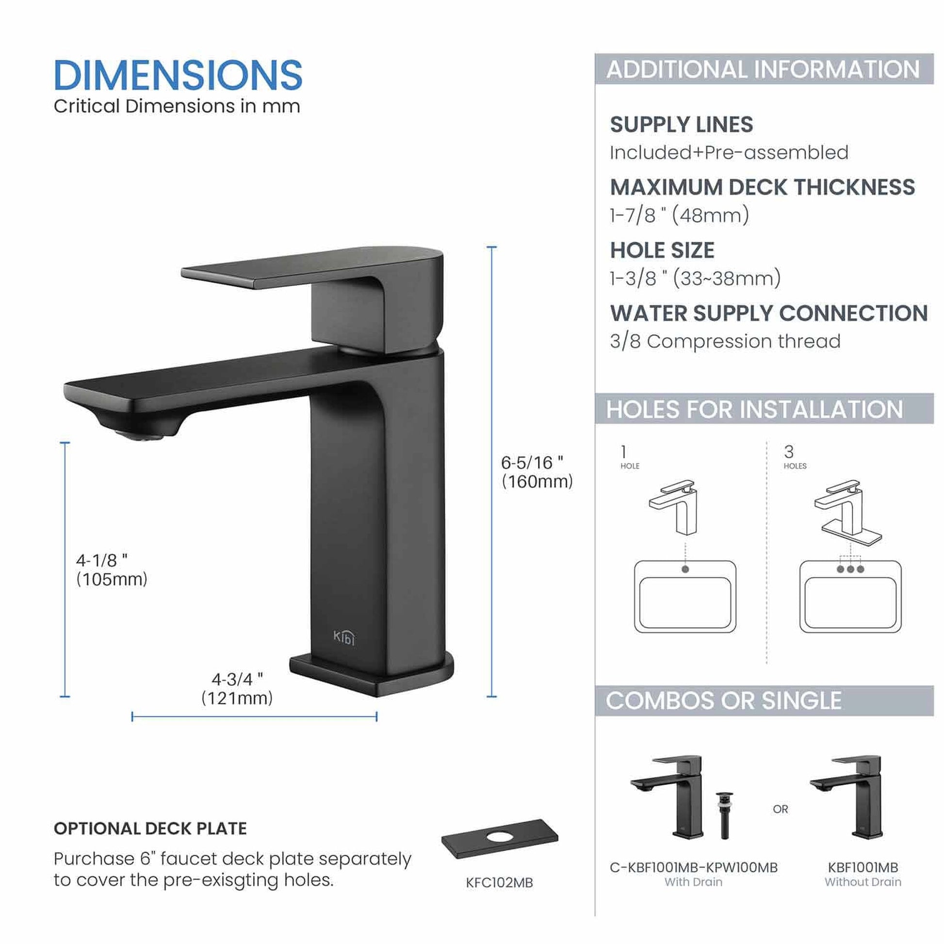 KIBI Mirage Single Handle Matte Black Solid Brass Bathroom Vanity Sink Faucet