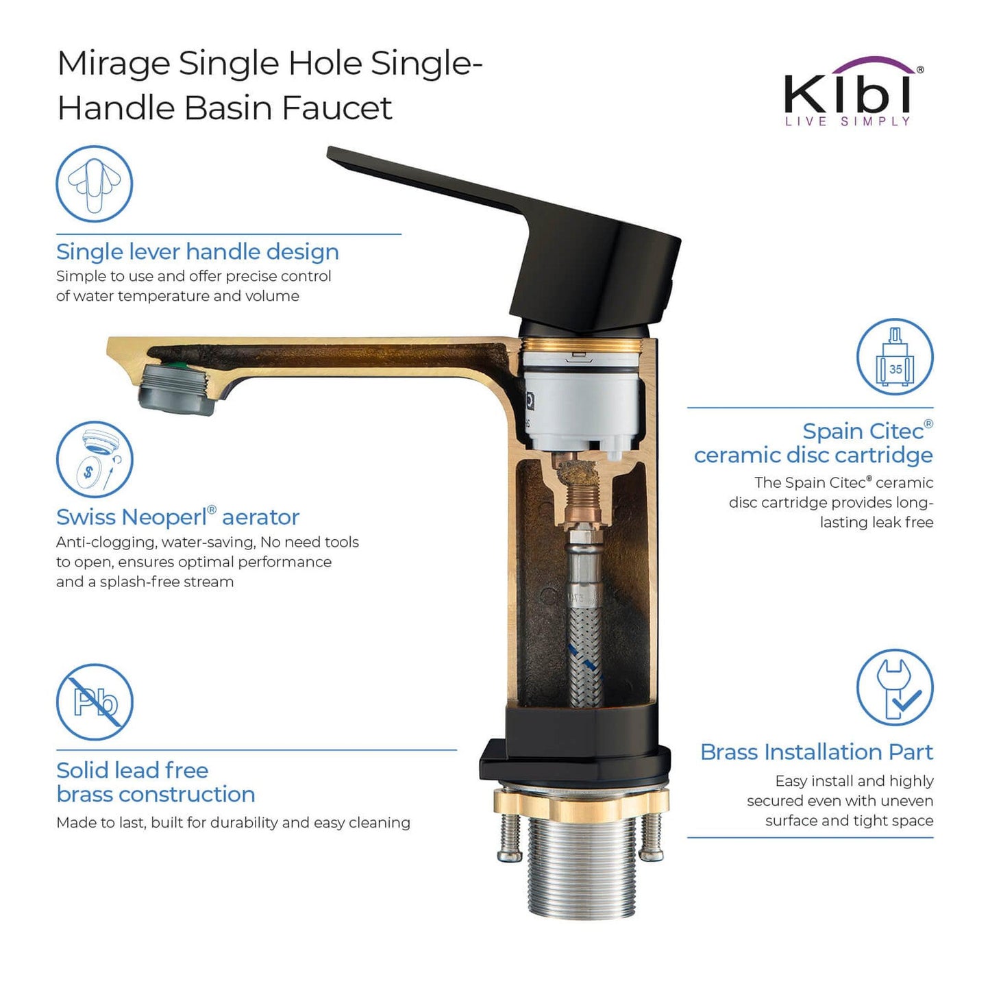 KIBI Mirage Single Handle Matte Black Solid Brass Bathroom Vanity Sink Faucet