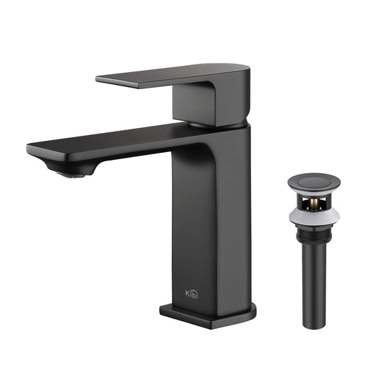 KIBI Mirage Single Handle Matte Black Solid Brass Bathroom Vanity Sink Faucet With Pop-Up Drain Stopper Small Cover With Overflow