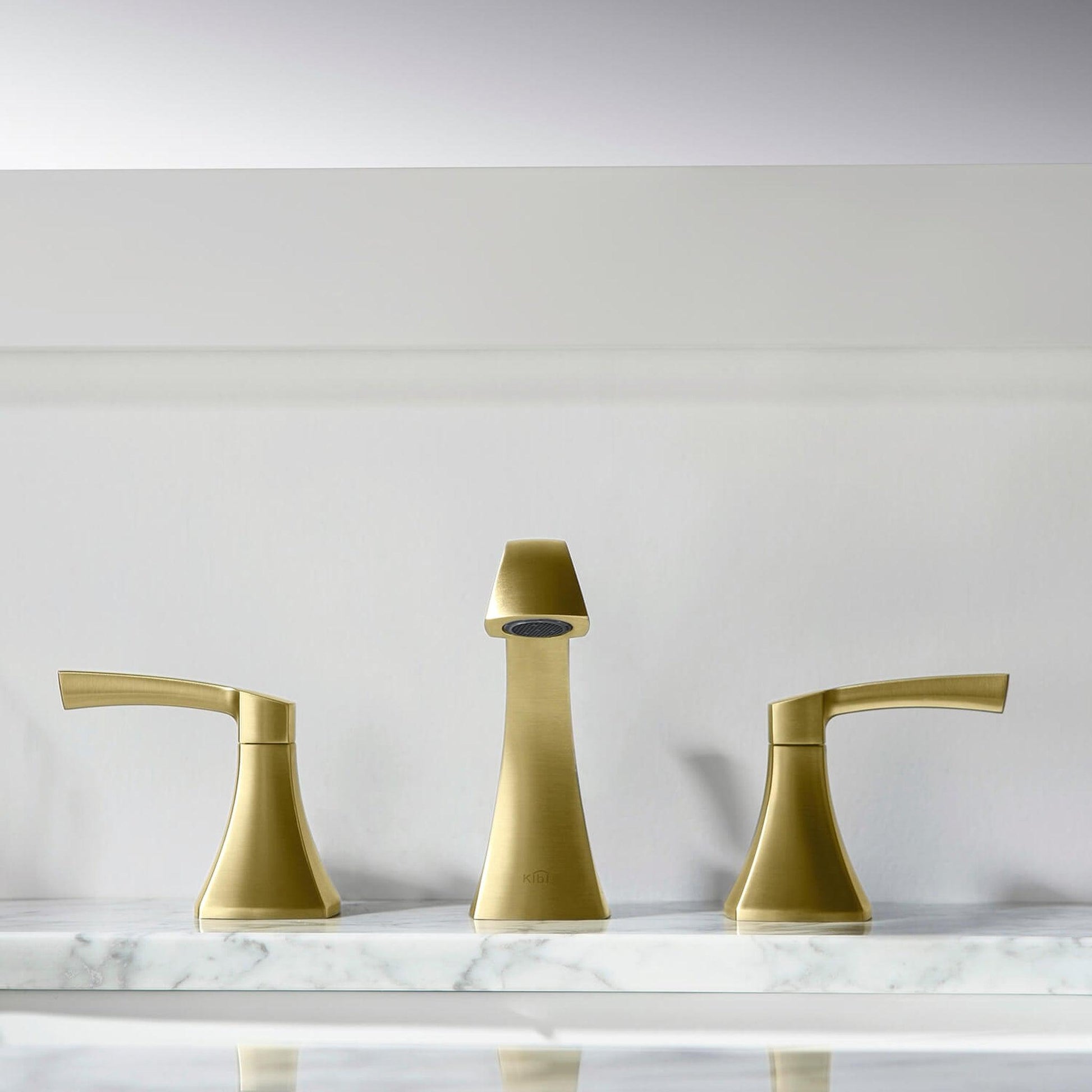 KIBI Pyramid 8" Widespread Brushed Gold Solid Brass Bathroom Sink Faucet With Pop-Up Drain Assembly