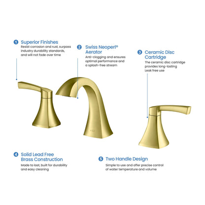 KIBI Pyramid 8" Widespread Brushed Gold Solid Brass Bathroom Sink Faucet With Pop-Up Drain Assembly