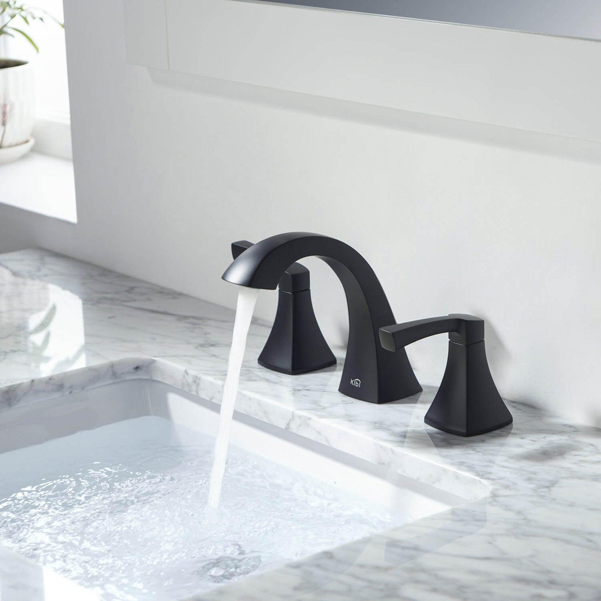 KIBI Pyramid 8" Widespread Matte Black Solid Brass Bathroom Sink Faucet With Pop-Up Drain Assembly