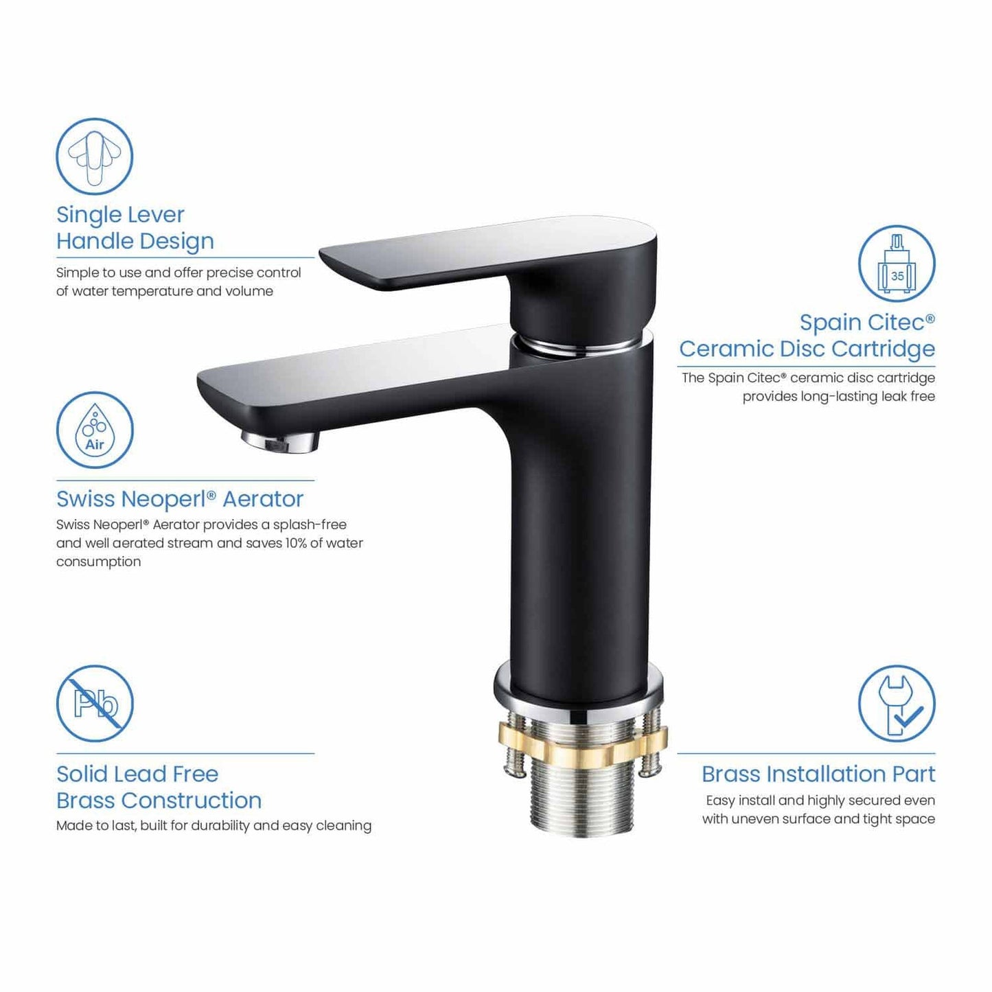 KIBI Tender Single Handle Black Solid Brass Bathroom Sink Faucet With Chrome Pop-Up Drain Stopper Small Cover With Overflow