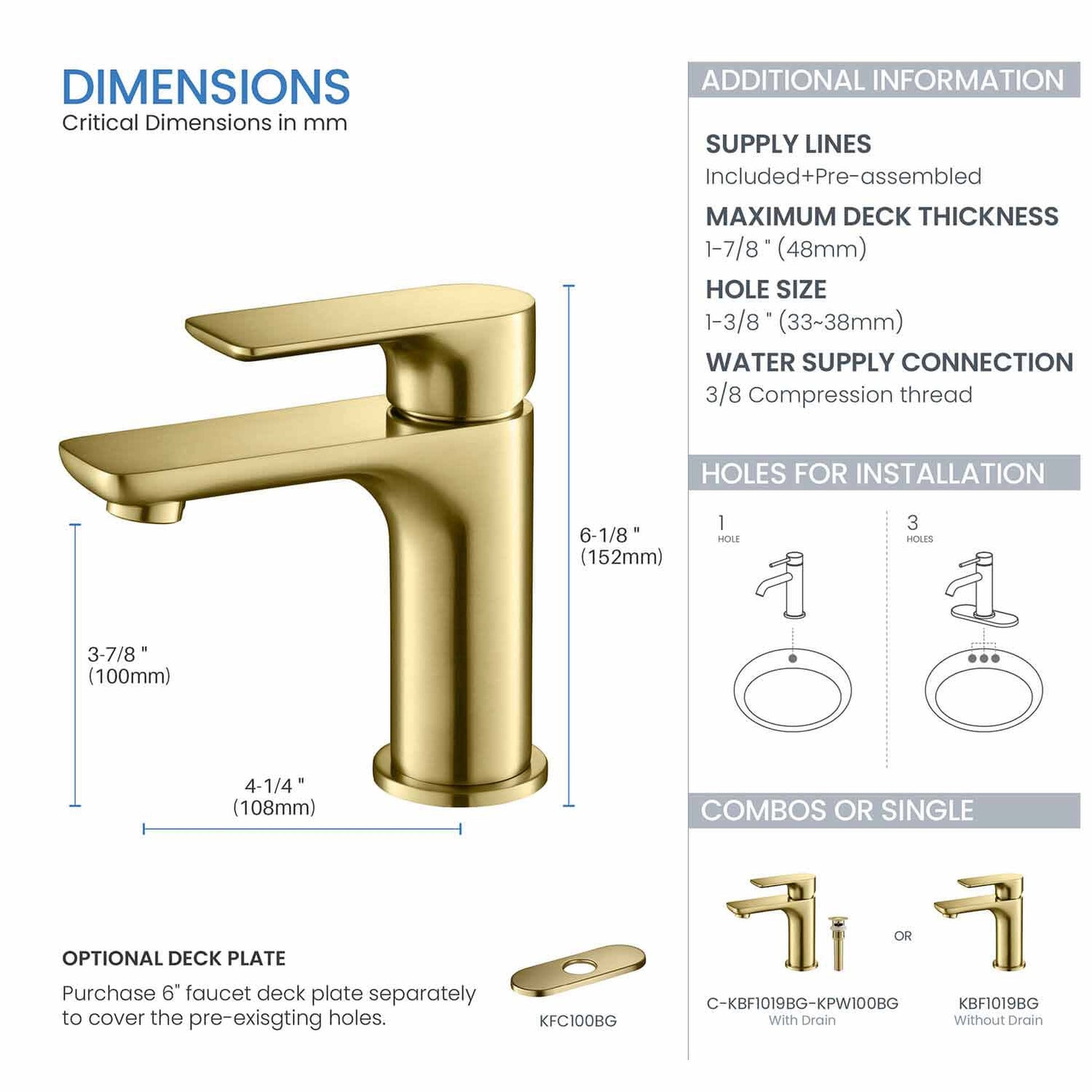 KIBI Tender Single Handle Brushed Gold Solid Brass Bathroom Sink Faucet With Pop-Up Drain Stopper Small Cover With Overflow