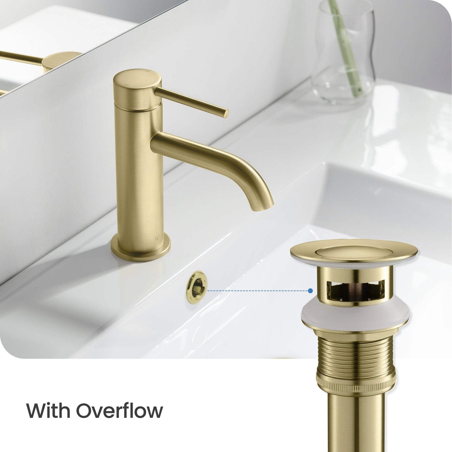KIBI Tender Single Handle Brushed Gold Solid Brass Bathroom Sink Faucet With Pop-Up Drain Stopper Small Cover With Overflow