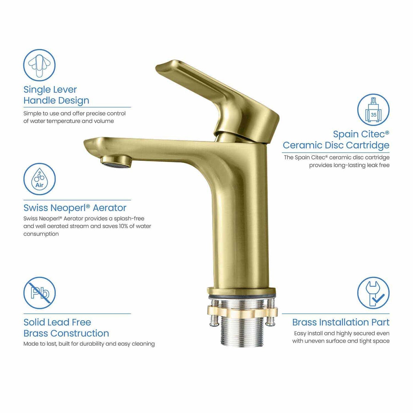 KIBI Tender Single Handle Brushed Gold Solid Brass Bathroom Sink Faucet With Pop-Up Drain Stopper Small Cover With Overflow