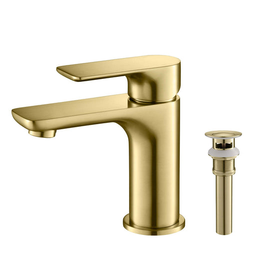 KIBI Tender Single Handle Brushed Gold Solid Brass Bathroom Sink Faucet With Pop-Up Drain Stopper Small Cover With Overflow