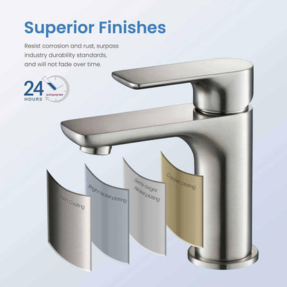 KIBI Tender Single Handle Brushed Nickel Solid Brass Bathroom Sink Faucet With Pop-Up Drain Stopper Small Cover With Overflow