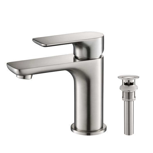 KIBI Tender Single Handle Brushed Nickel Solid Brass Bathroom Sink Faucet With Pop-Up Drain Stopper Small Cover With Overflow