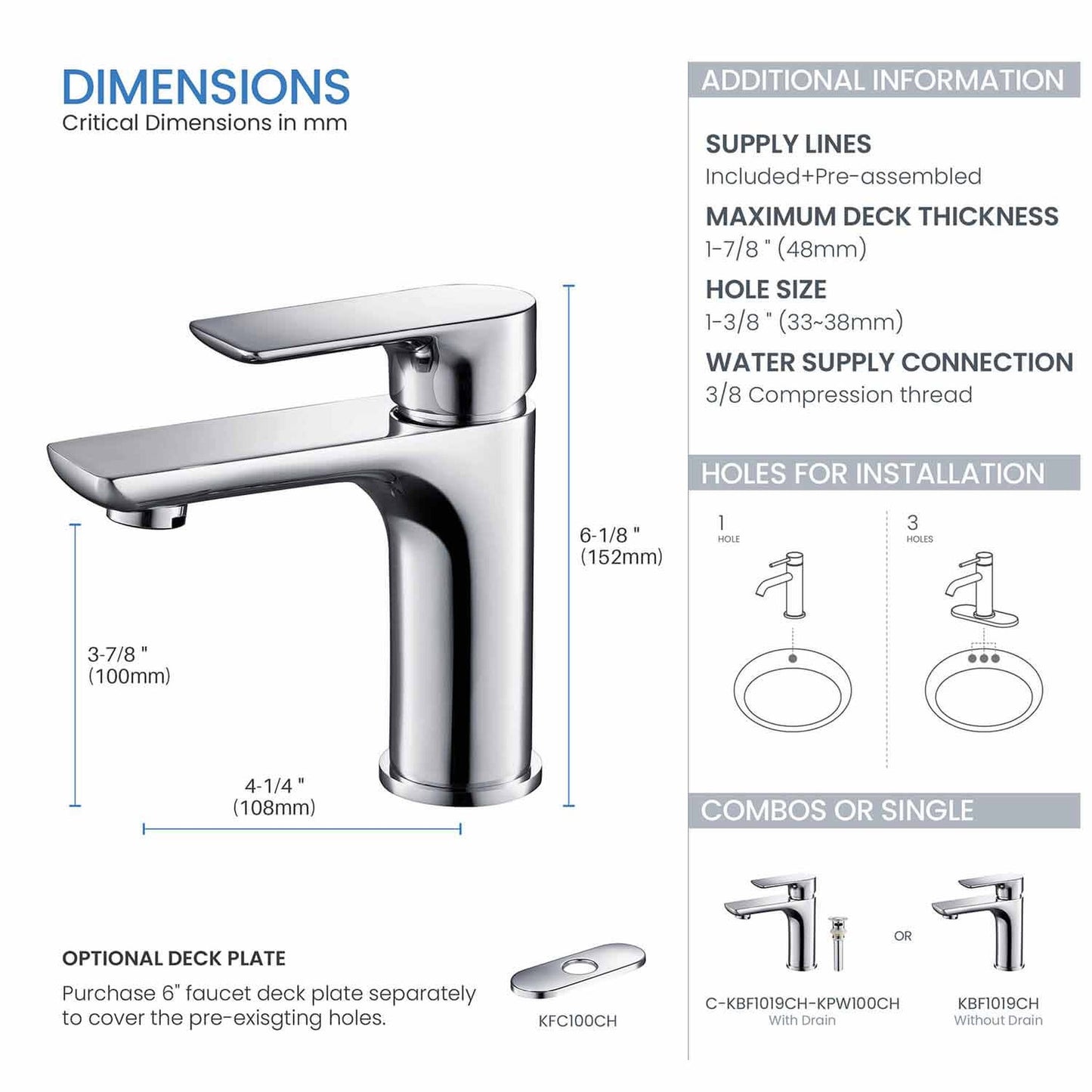 KIBI Tender Single Handle Chrome Solid Brass Bathroom Sink Faucet With Pop-Up Drain Stopper Small Cover With Overflow