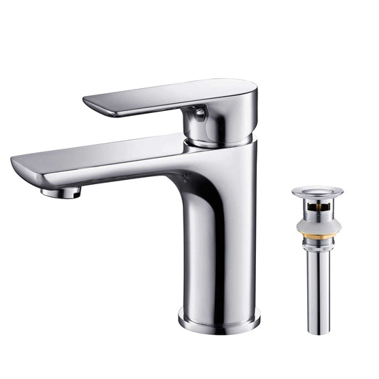 KIBI Tender Single Handle Chrome Solid Brass Bathroom Sink Faucet With Pop-Up Drain Stopper Small Cover With Overflow