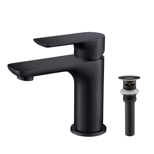 KIBI Tender Single Handle Matte Black Solid Brass Bathroom Sink Faucet With Pop-Up Drain Stopper Small Cover With Overflow